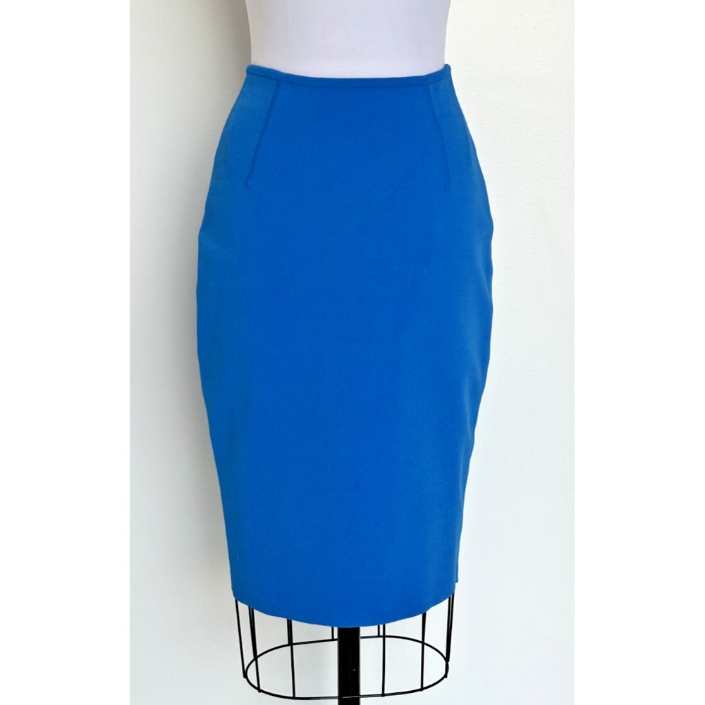 RET $895 Paula Hian Blue Julietta Knit High Waisted Fitted Knit Pencil Skirt Sm